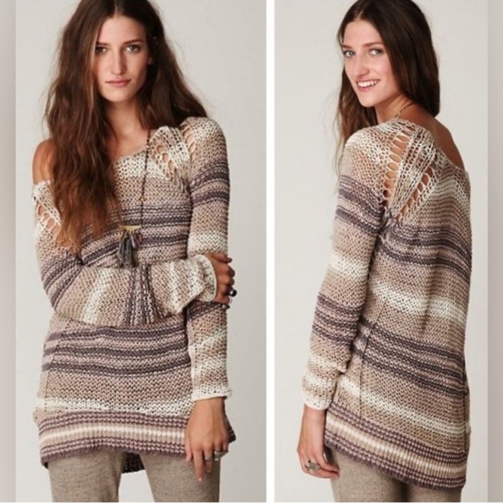 Free People Desert Moon Open Knit‎ Sweater Beige Stripe XS